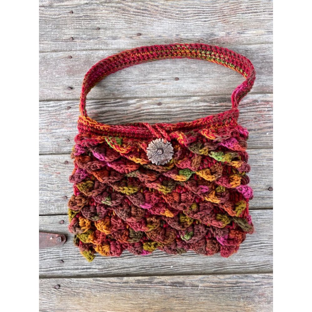 Vintage Variegated  Colorful Crochet Purse Carved Soapstone Button Boho Hippy